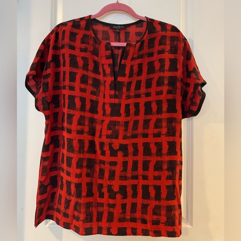 Lafayette 148 New York Red and Black Patterned 100% Silk Blouse
